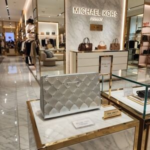 Michael Kors Silver Quilted Metallic Zip Pouch